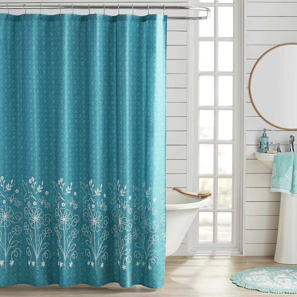 Pioneer Woman Mazie Embroided Cotton Rich Fabric Shower Curtain Teal Aqua72"x72"